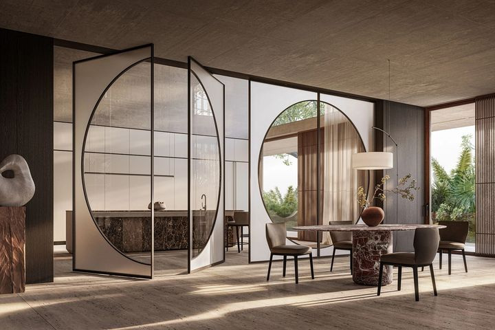 ADL ARCHI – система раздвижных, поворотно-смещающихся или маятниковых дверей из стекла и алюминия для разделения пространства, дизайнер Джованни Баттиста Джанола.