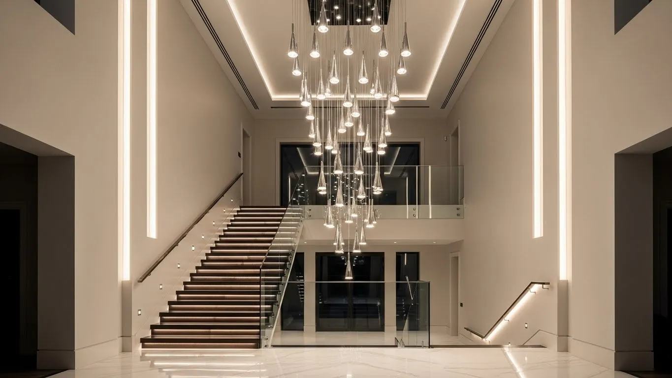 Каскадная люстра в лестничном пролете
