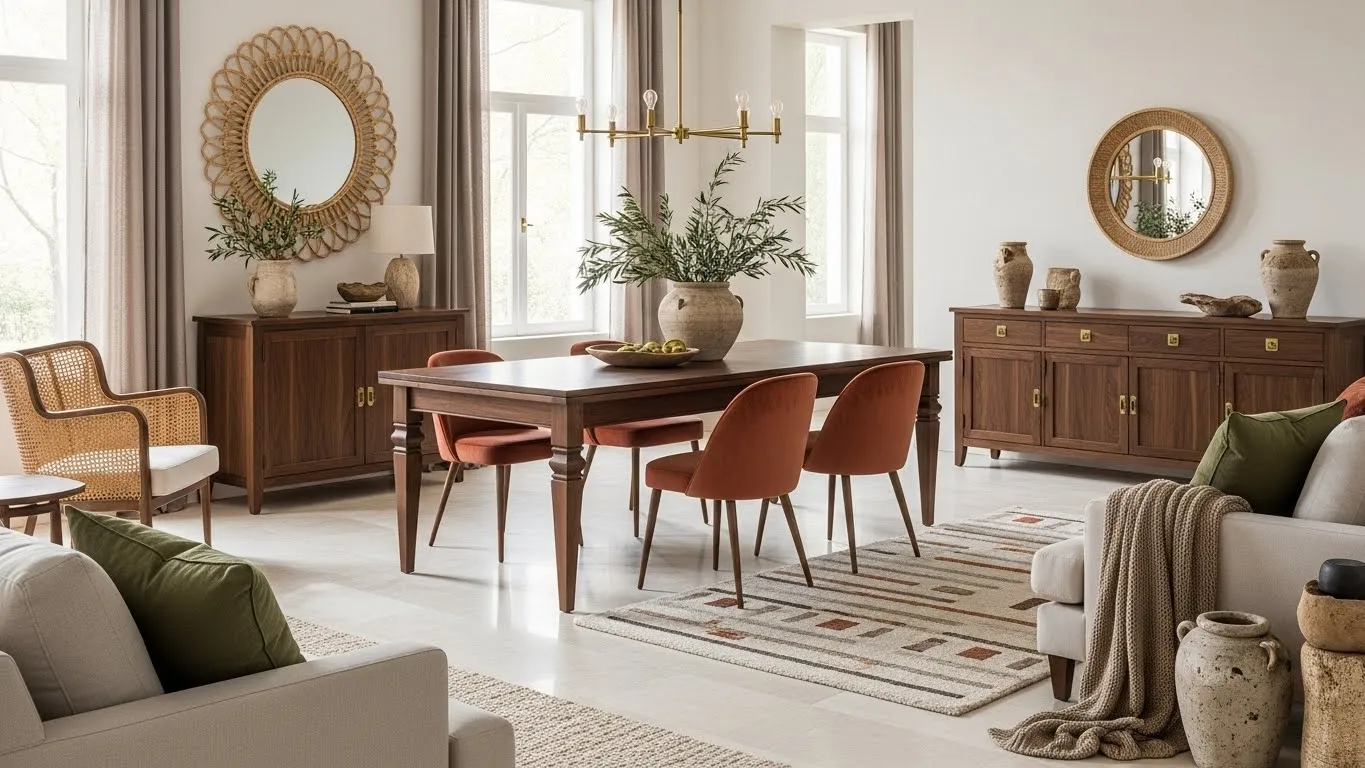 Светлый пол с темной мебелью и теплым текстилем