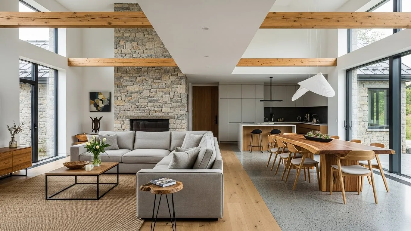 Зонирование открытого пространства с помощью углового дивана