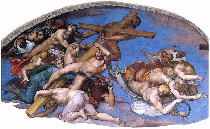 Элемент с протянутыми руками на фреске «Страшного суда» Микеланджело в Сикстинской капелле