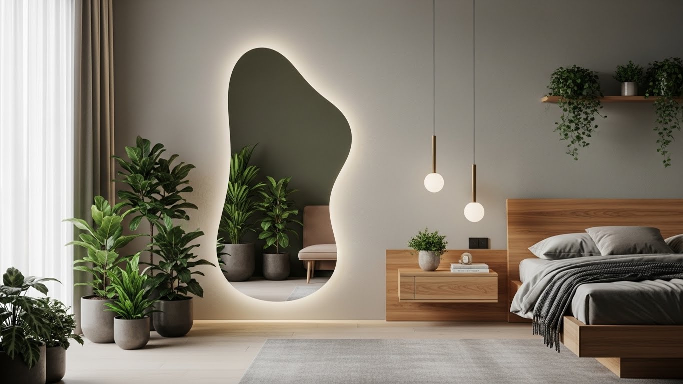 Трендовое асимметричное зеркало в спальне