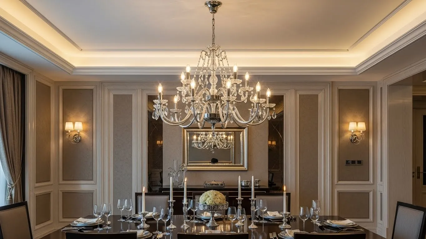 Подвесная люстра в столовой с высоким потолком