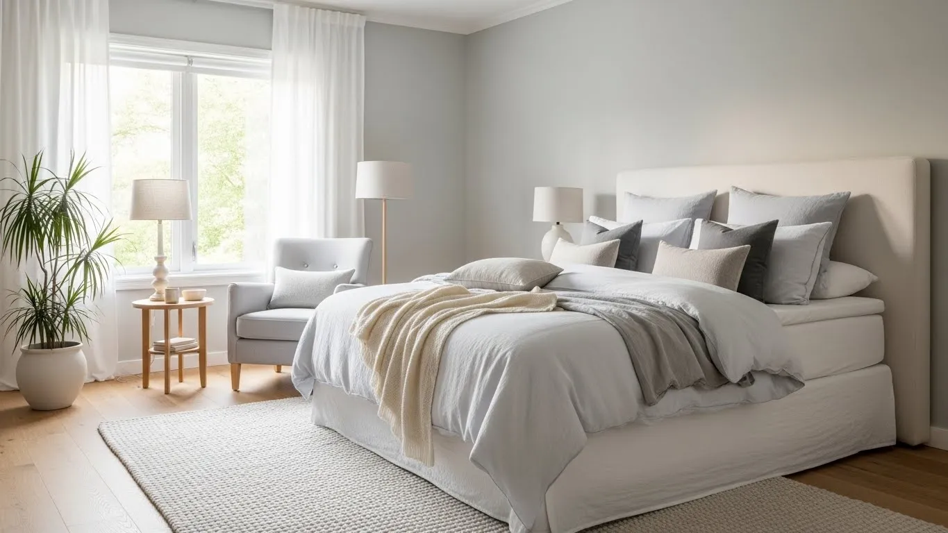 Спокойный светлый интерьер спальни