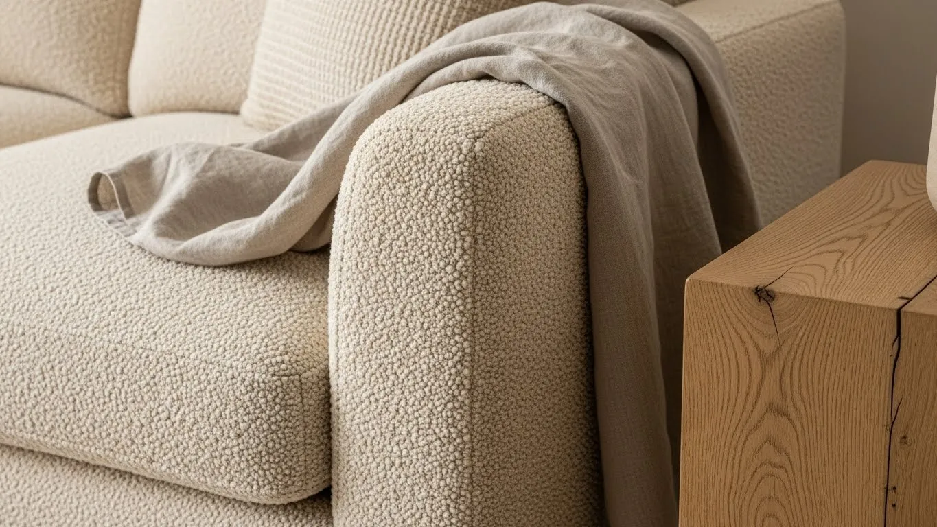 Текстуры в светлой гостиной: букле, дерево и лен