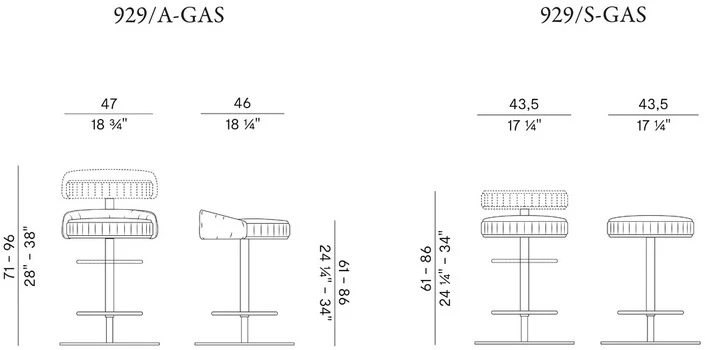 Размеры Барный стул Potocco Plisse 929/A-GAS-929/S-GAS