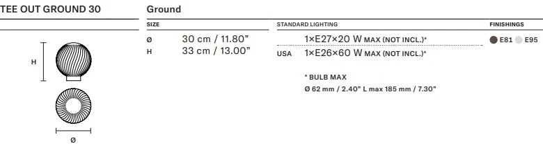 Размеры Светильник Masiero Tee Ground 30 outdoor
