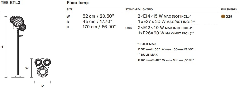 Размеры Светильник Masiero Tee STL3