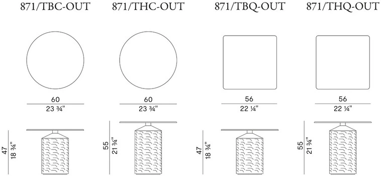 Размеры Журнальный стол Potocco Hishi 871/TBC-OUT-871/TBQ-OUT-871/THC-OUT-871/THQ-OUT