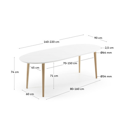 Стол обеденный раздвижной La Forma Oakland 140-220 x 90 x h74 см, овальный, белый