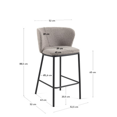Полубарный стул La Forma Ciselia 52,5 x 52 x h88,5 см, высота сиденья 65 см, серая ткань букле, чёрный металл