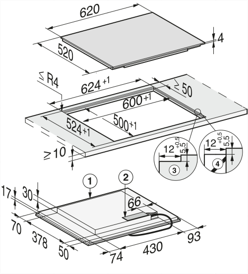 Размеры Варочная панель Miele KM 7465 FL Размеры Варочная панель Miele KM 7465 FL