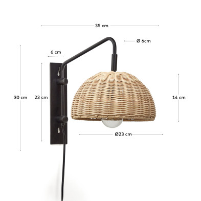 Настенный светильник La Forma Damila 35 x 23 x h30 см, ротанг и чёрный металл
