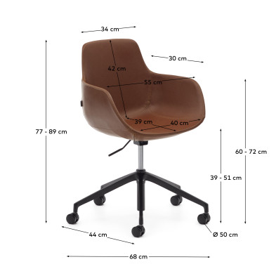 Рабочее кресло La Forma Tissiana 55,5 x 55 x h85 см, коричневая искусственная кожа, алюминиевые ножки с матовой чёрной отделкой