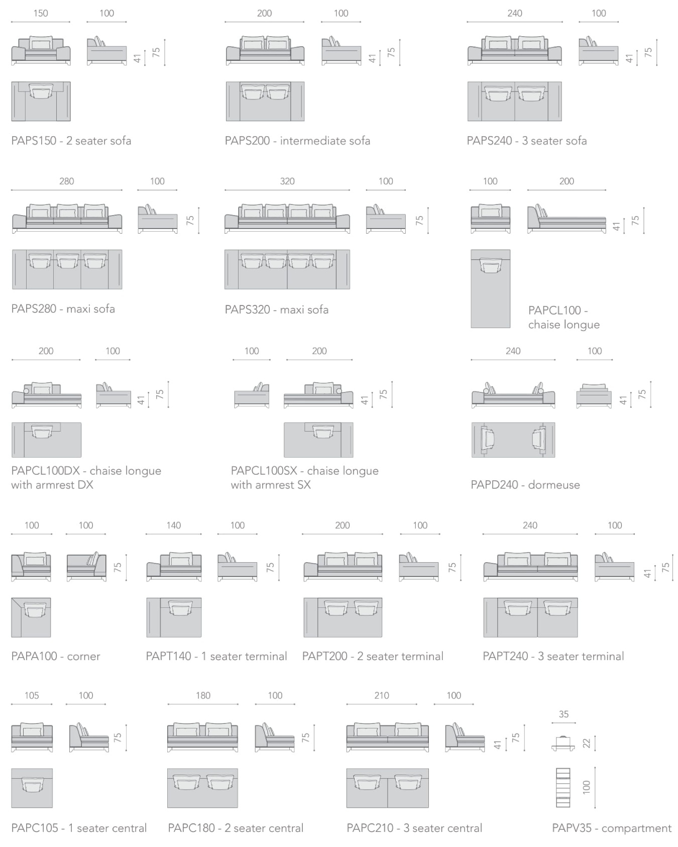 Размеры Диван Asnaghi Papilio