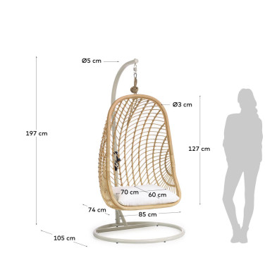 Подвесное кресло La Forma Ekaterina 105 x 105 x h197 см, ротанг, бежевое, на светло-серой подставке