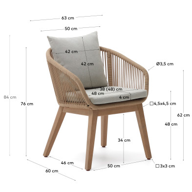 Стул La Forma Portalo 63 x 60 x h76 см, бежевый шнур, ножки из массива акации