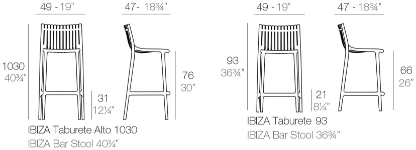 Размеры Барный стул Ibiza Vondom Daily 49 x 47 x 93h nc100675