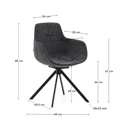 Поворотное рабочее кресло La Forma Tissiana 55 x 55,5 x h85 см, из тёмно-серой синели и чёрного матового алюминия