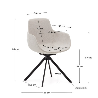 Поворотное рабочее кресло La Forma Tissiana 55,5 x 55 x h85 см, из бежевой синели и матового чёрного алюминия