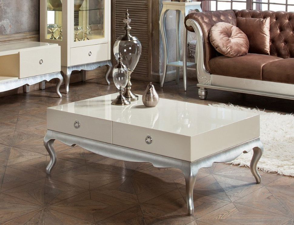 Журнальный стол, отделка перламутровый кремовый лак, серебряное напыление Fratelli Barri Venezia 124,5 x 83,5 x 45,5h nc67382