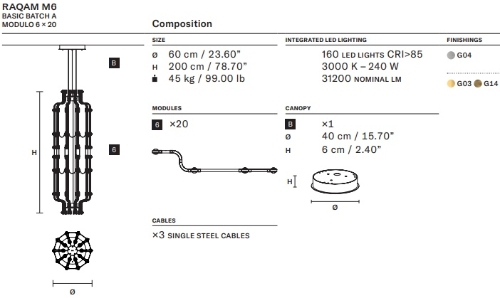 Размеры Светильник люстра Masiero Raqam M6 Basic Batch A Modulo 6x20 Размеры Светильник люстра Masiero Raqam M6 Basic Batch A Modulo 6x20
