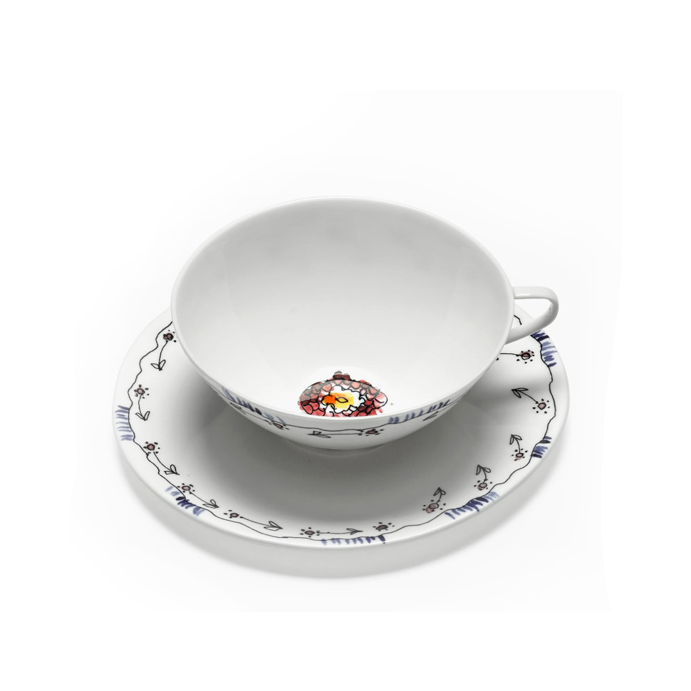 Комплект из 2-х чашек для кофе (низкие) с блюдцем Serax Midnight Flowers, h4 см, синий, фарфор