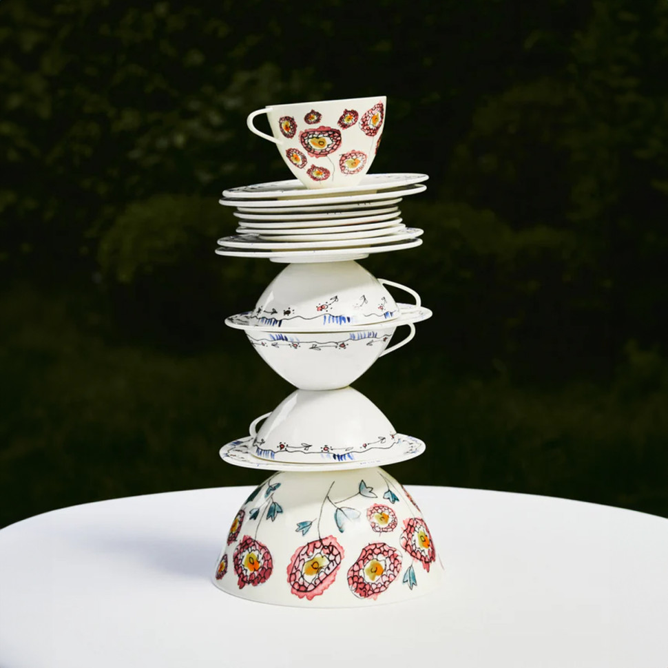 Комплект из 2-х чашек для капучино с блюдцем Serax Midnight Flowers, диаметр 14 см, синий, фарфор