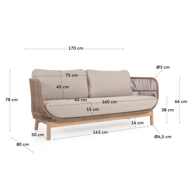 Диван La Forma Catalina 170 x 80 x h78 см, 3-местный, бежевый