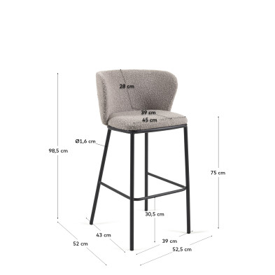 Барный стул La Forma Ciselia 54 x 48 x h102 см, светло-серый, из ткани букле и металла