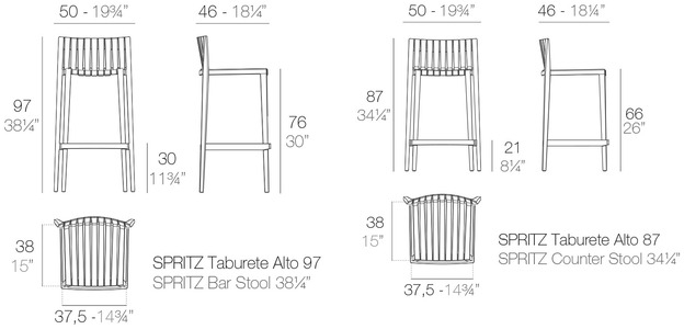 Размеры Барный стул Vondom Spritz